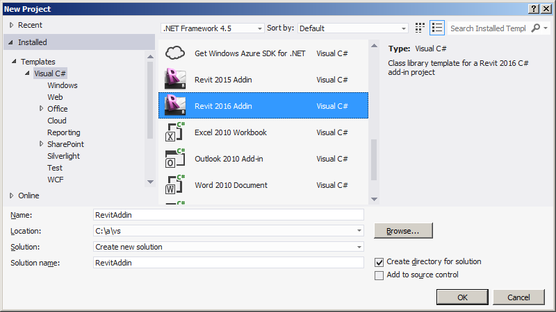 Visual Studio Revit add-in wizard for Revit 2016