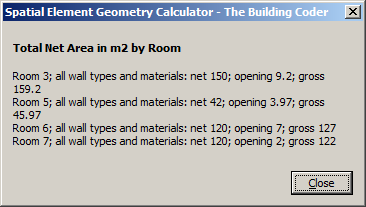 Net, opening and gross area by room