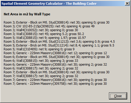 Net, opening and gross area by wall type