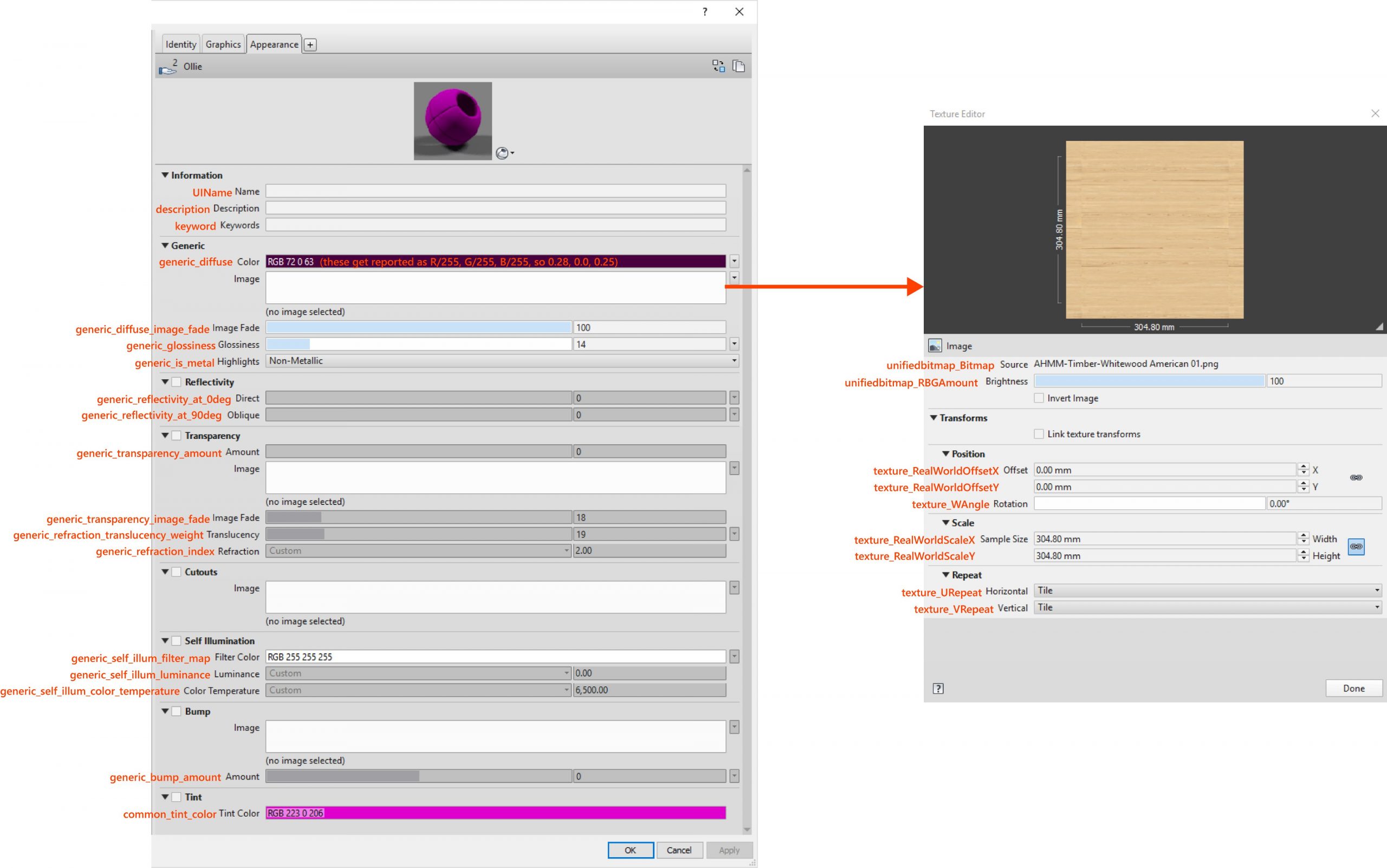 Material appearance asset property mapping