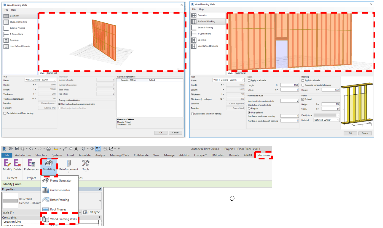 Wood framing walls extension geometry viewer