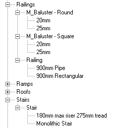 Railing and stair types in project browser