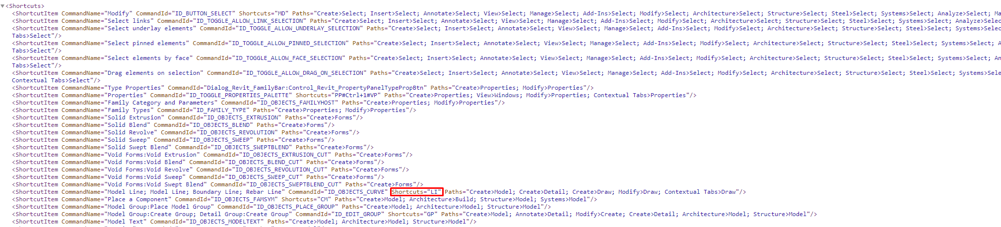 Command id in shortcuts XML