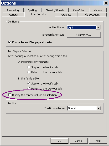 Ribbon tab context selection option