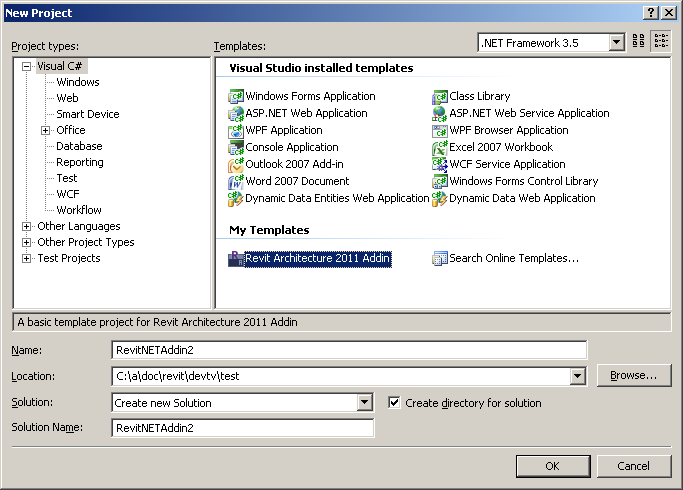 Template in new project dialogue