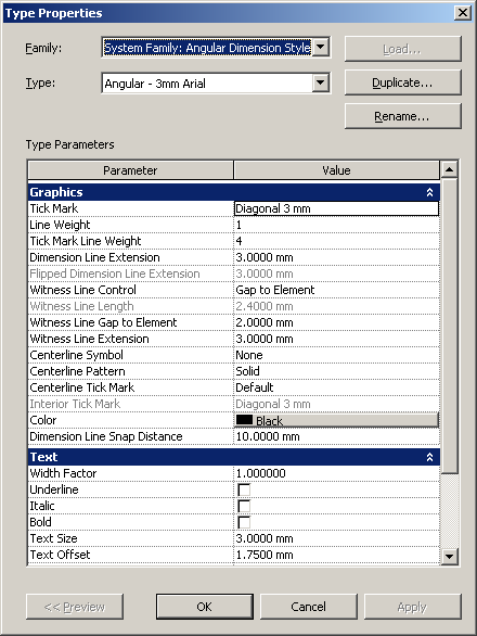 Angular dimension style element properties
