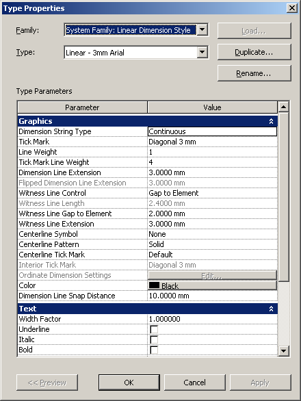 Linear dimension style element properties