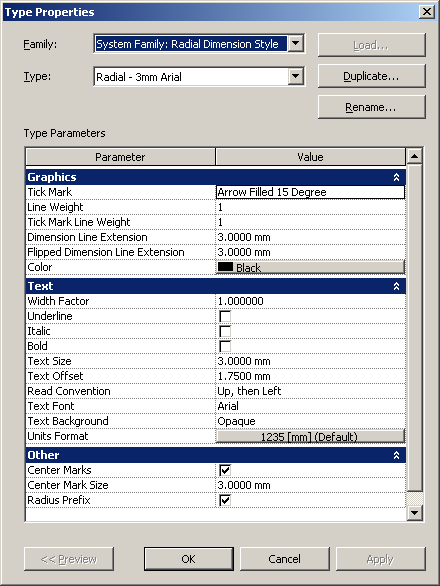Radial dimension style element properties