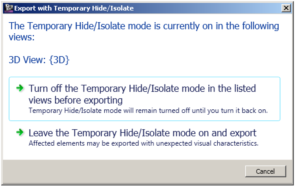 Exporting a view with isolated element warning