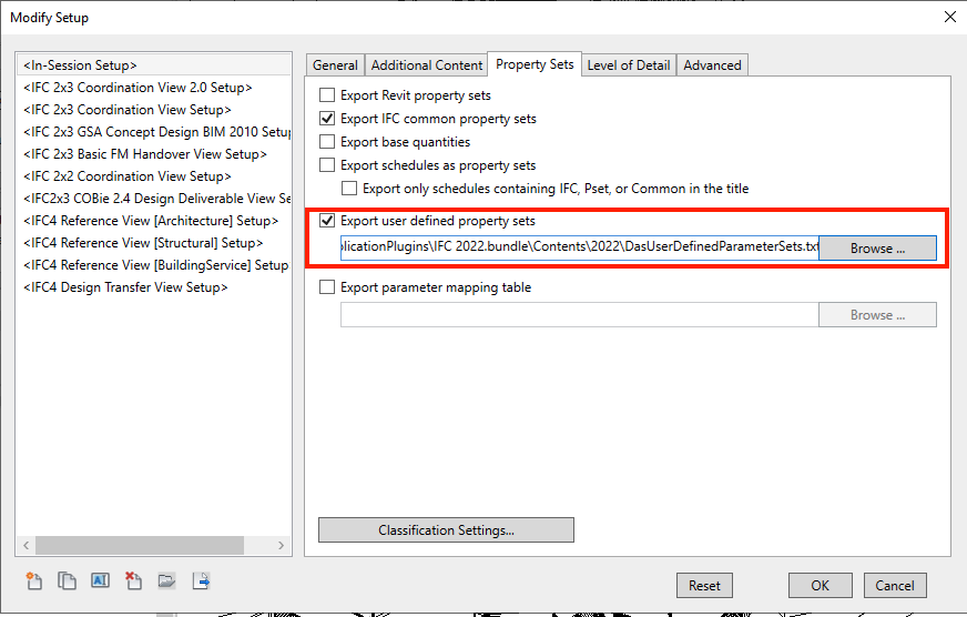 Custom property sets in IFC export setup