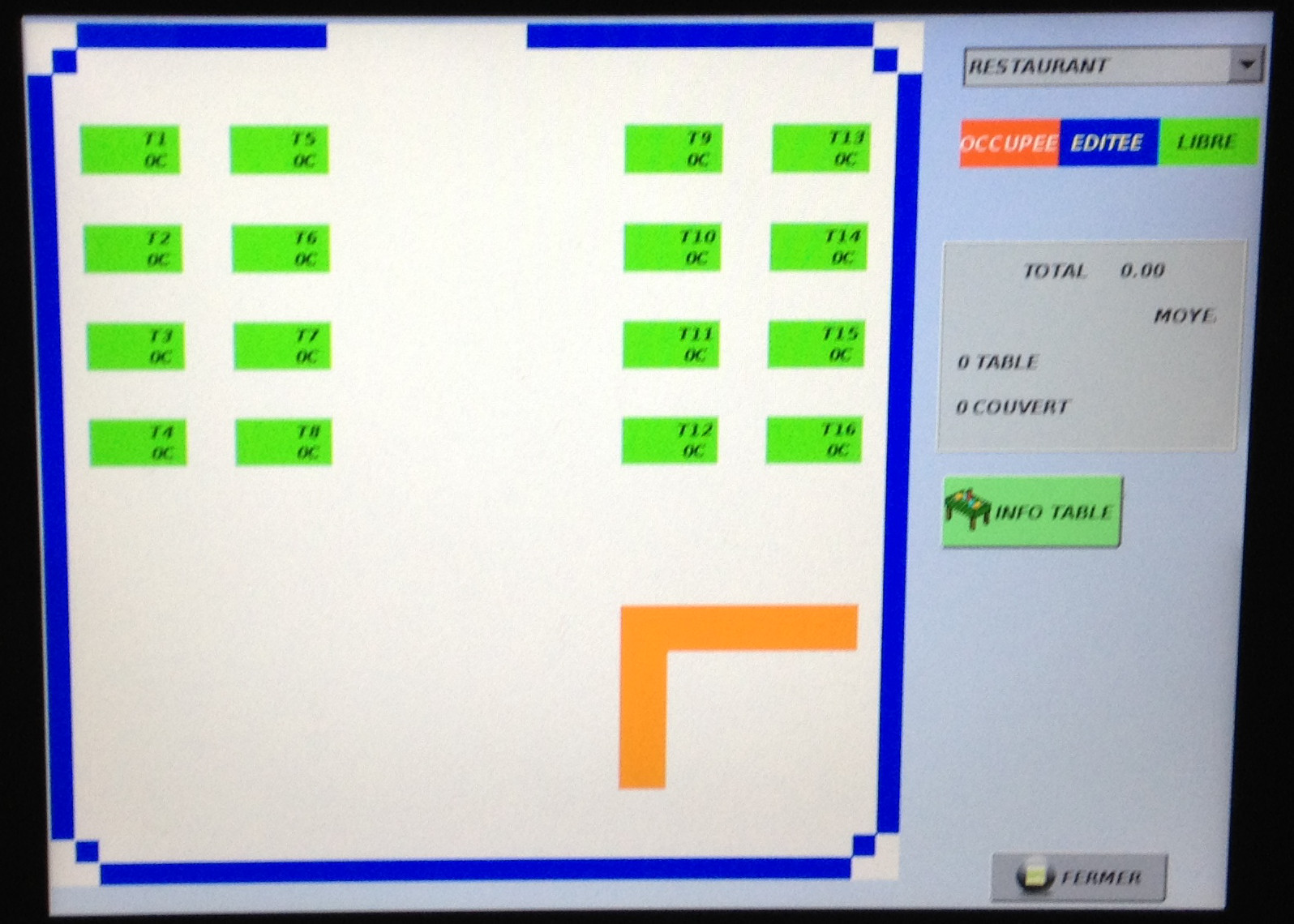 Restaurant cash register screen