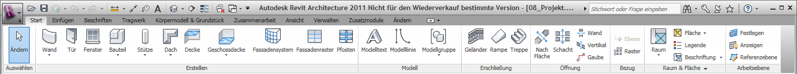 Revit ribbon bar in default state