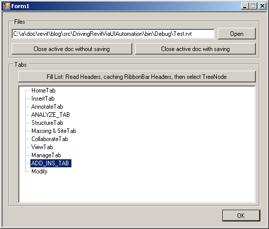 UI automation sample application with populated ribbon tabs