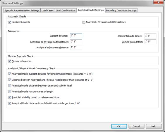 Structural analytical model settings