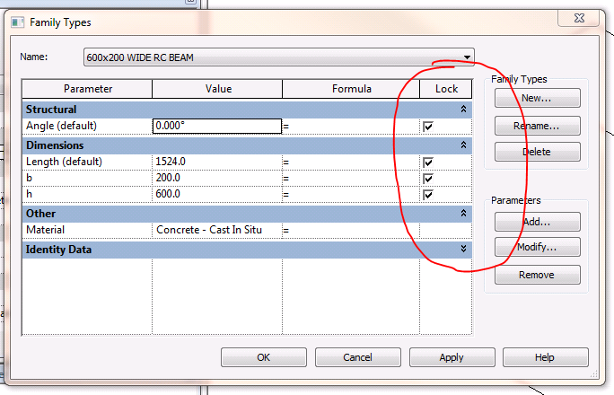 Family Type Parameter Locking User Interface