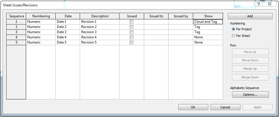 Sheet Issues Revisions dialogue