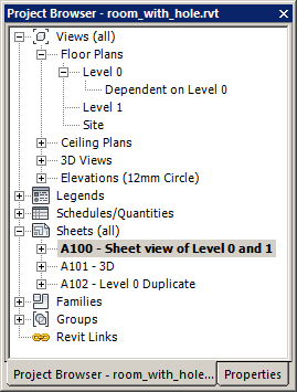 Project browser with views and sheets