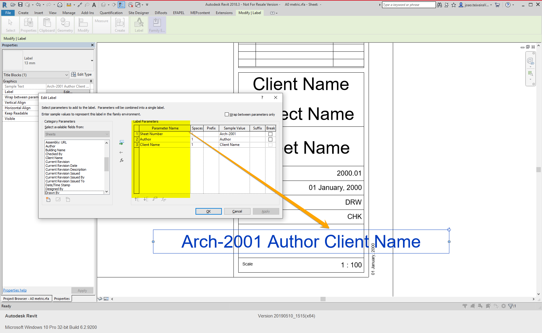Title block label parameters