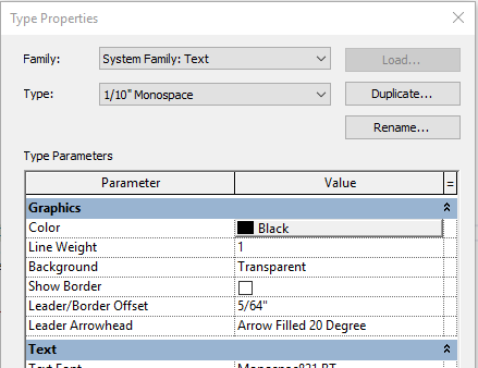 Text note type type properties