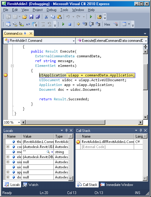 Visual C# Express debugging the Revit add-in