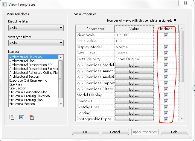 View template include checkboxes