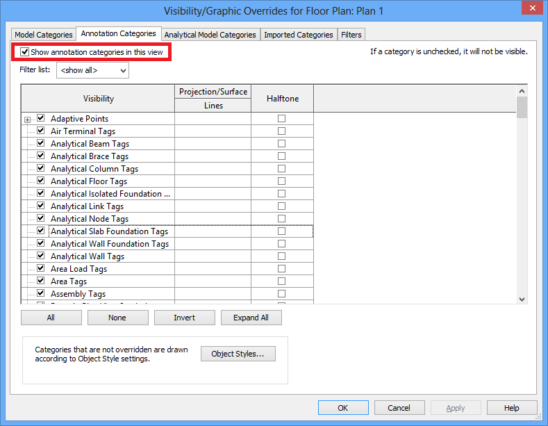 Visibility/Graphics Overrides dialogue
