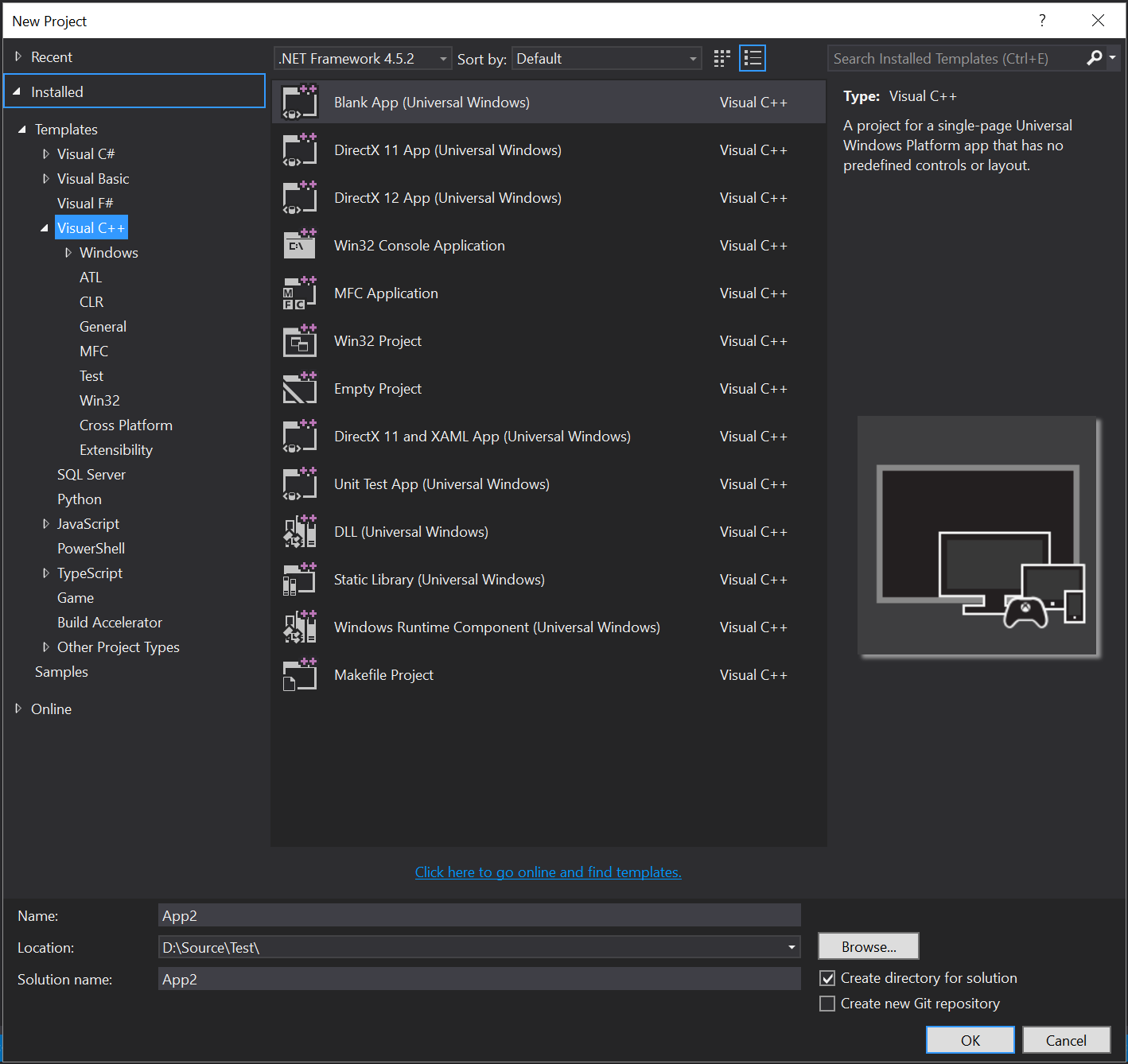 Visual Studio C++ new project wizards