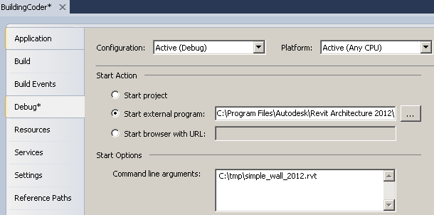 Debug start-up program and command line argument